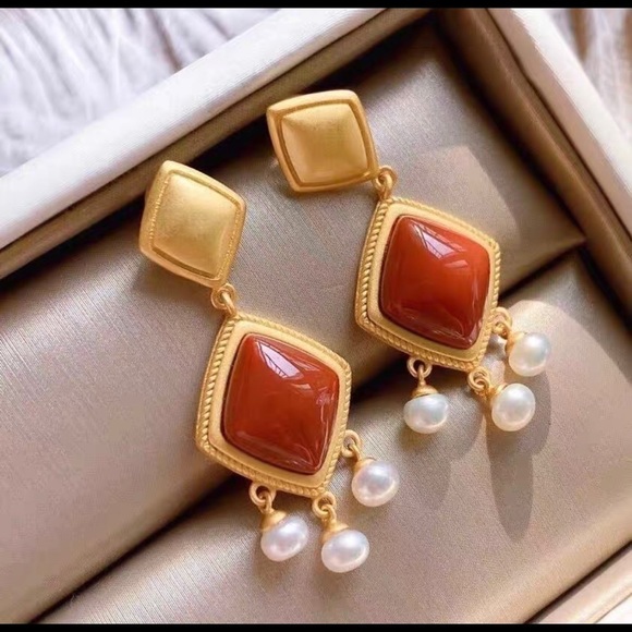💎PRICE🔻 S925 Post Gold Plated Agate Pearl Earrings high quality real stone - Picture 4 of 5